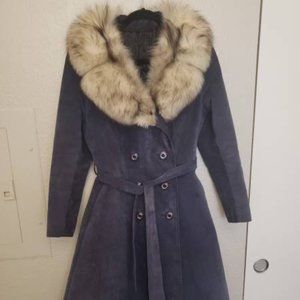 Genuine fur collar double breasted suede overcoat